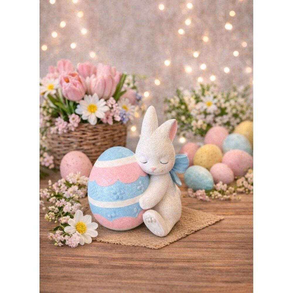 New Resin Pink / Blue Glitter Holiday Decorative Easter Bunny Hugging An Egg